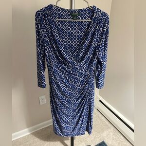 Ralph Lauren blue and white geometric print midi dress size 12